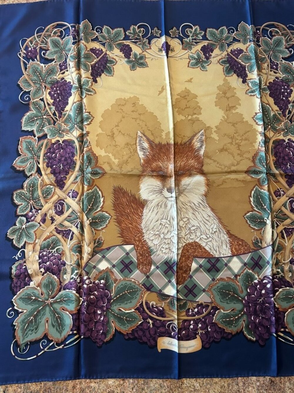 Vintage Salvatore Ferragamo Silk Scarf with Fox & Grape Hand Rolled Edges 33x35 - Picture 2 of 16